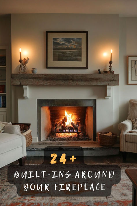 Looking to enhance your fireplace's charm? You’ll love these 24 built-in ideas that turn your fireplace into a stunning focal point! Discover creative designs for shelves, cabinets, and more that maximize space and style. Click to find your inspiration! 🔥🏡✨  #BuiltInDesigns #FireplaceIdeas #HomeDecor #InteriorDesign #StylishSpaces #HomeInspiration #CozyLiving Fireplace Wall Built Ins Cabinets, Fireplace With Shelves On One Side Only, Tall Fireplace Wall High Ceilings Built Ins, Extending Fireplace To Ceiling, Fireplace Shelves Built In, Built Ins Around Brick Fireplace, Asymmetrical Fireplace Built Ins, Bookcase By Fireplace, Fireplace Wall With Windows