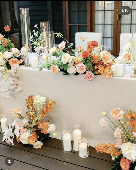 Tablescapes Wedding, Sweetheart Table Floor Flowers, Colorful Sweetheart Table Flowers, Sweetheart Table Ground Flowers, Sweet Heart Table Flower Arrangement, Ground Florals Sweetheart Table, Sweetheart Table Wedding, Bridal Table, Tablescape Inspiration