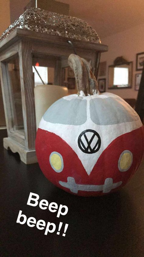 Volkswagen Pumpkin Desert Pumpkin Painting, Camper Pumpkin Decorating, Camping Pumpkin Decorating, Pumpkin Camper Painted, Groovy Pumpkin Painting, Hippie Pumpkin Painting, Camper Pumpkin Painting Ideas, Painted Pumpkins Ideas Easy, Pumpkin Painting Ideas Western