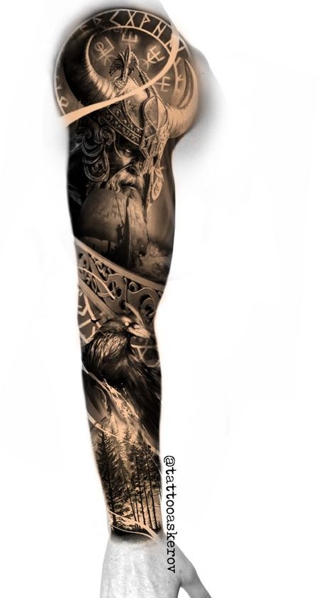 Vikings Tattoo Sleeve, Viking Realism Tattoo, Realistic Tattoo Sleeve Men, Viking Sleeve Tattoo For Men, Vikings Tattoo Design, Thor Tattoo Design, Full Arm Tattoo Design, Full Arm Tattoo Men, Nordic Tattoo Sleeve