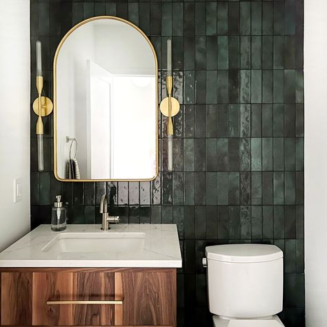 Bathroom Color Ideas To Wow Your Guests – Forbes Home Hotel Lobby Bathroom Design, Bold Bathroom Countertops, Interior Design Guest Bathroom, Powder Room Half Tile Wall, Mood Bathroom Ideas, Powder Room Peel And Stick Tile Wall, Original Bathroom Ideas, Trendy Bathroom Design, Classic Masculine Bathroom