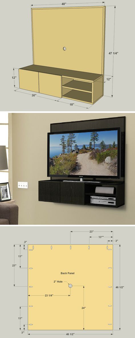 This wall-mounted media cabinet takes a new approach to the traditional “entertainment center.” It hangs on the wall, allowing you to mount your TV to it, and then keep small media components on the shelves below. Wires hide behind the back panel. FREE PLANS at buildsomething.com Wall Mount Entertainment Center, Bike Wall, Play Kitchens, Flat Screen Tv, Media Cabinet, Wall Mounted Tv, Mounted Tv, Tv Room, Tv Unit