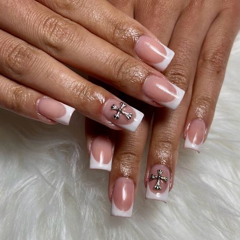 French Tip With Cross Charm, Nails With Cross Charm, Nail Inspo Cross, College Graduation Nails, Cross Nails, Graduation Nails, Short Square Nails, 1st Communion, French Nail Designs