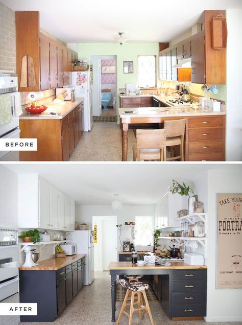 Eclectic Kitchen Renovation-before and after. Dark base cabinets and white uppers. Kitchen Cabinets Before And After, Koti Diy, Eclectic Kitchen, After Pictures, Trendy Kitchen, Before And After Pictures, Painting Kitchen Cabinets, Updated Kitchen, Kitchen Remodel Idea