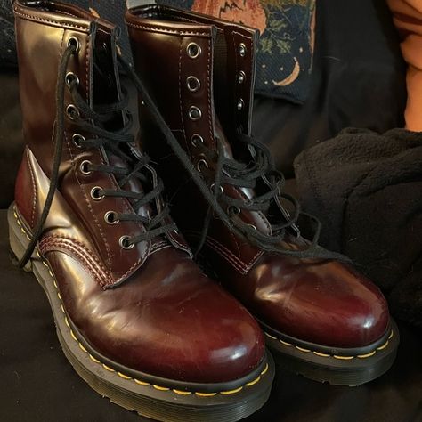 Red doc martens Oxblood Doc Martens, Red Docs Aesthetic, Worn Doc Martens, Doc Martens Collection, Colored Doc Martens, Dark Red Doc Martens, Maroon Doc Martens Outfit, Doc Martens Aesthetic Grunge, Burgundy Doc Martens Outfit