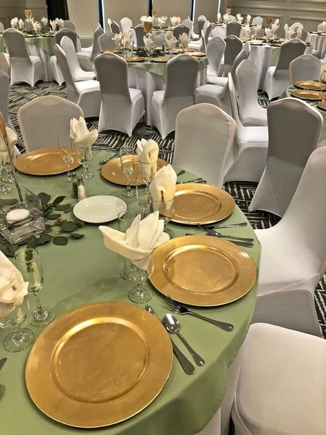 Green Gold White Table Decor, Sage Green Table Overlay, Olive Green Gold And White Table Setting, Sage Green Quince Table, Sage Green Table Decor Quince, Sage Green And Gold Table Decor, Sage Green And Gold Sweet 16, Sage Green And Gold Table Setting, Tiana Themed Quince Center Piece