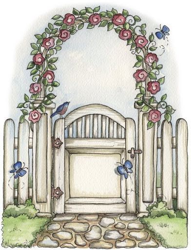 Garden Gate Colour Drawing, Garden Drawing, Pencil Pen, Dessin Adorable, Arte Floral, Garden Gates, Watercolor Cards, Rock Art, Doodle Art