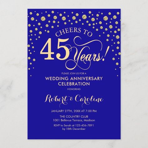 45th Anniversary Party - Sapphire Blue Gold Invitation Blue Wedding Stationery, 65th Wedding Anniversary, Anniversary Party Invitations, 45th Wedding Anniversary, Sapphire Anniversary, Anniversary Party Ideas, Anniversary Invitation, Wedding Anniversary Ideas, Wedding Anniversary Celebration