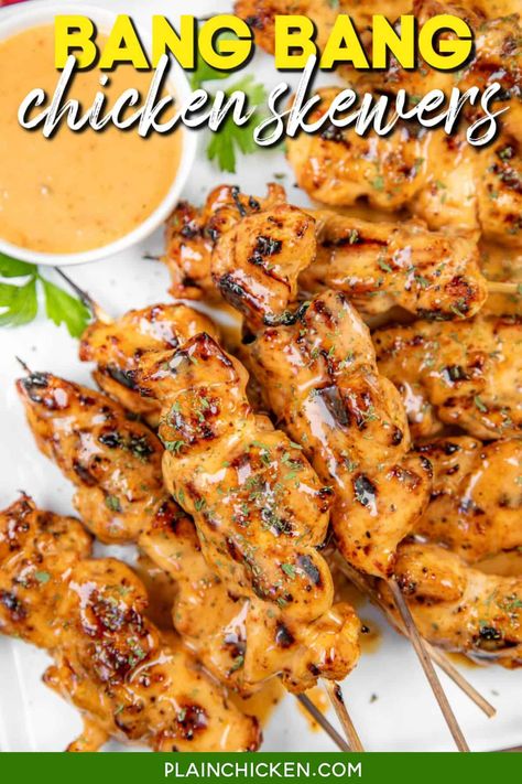 Meals To Feed A Crowd, Bang Bang Chicken Skewers, Tenders Recipes, Marinated Grilled Vegetables, Plain Chicken Recipe, Kfc Coleslaw Recipe, Football Friday, Bang Bang Sauce, Bang Bang Chicken