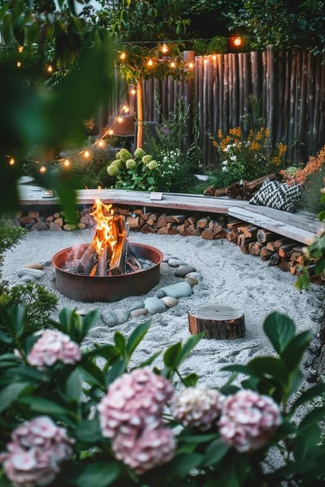 Discover unique DIY sunken fire pit ideas to transform your backyard into a cozy retreat perfect for gatherings and quiet nights under the stars. Permanent Fire Pit, Stacked Stone Fire Pit, Sand Fire Pit, Front Yard Fire Pit, Garden With Fire Pit, Rock Fire Pit, Sunken Fire Pit, Fire Pit Ideas Backyard, Ranch Cottage