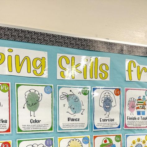 Keri Powers, Counselor Keri ®️ on Instagram: "I’m so happy with how this bulletin board turned out! It’s been blank all year because I wanted it to be something useful. Now it’s a great conversation starter - kids gravitate towards it immediately. We can also talk about which skills work well for them, which don’t, and while ones they’d like to try. I have one student trying 2 per visit 🥰 comment “coping BB” below and I’ll send you the link to this one ❤️ #copingskills #copingskillsforkids copingskillsfromatoz #schoolcounseling #schoolcounselor #schoolcounselorsofinstagram schoolcounselorsofig https://shop.counselorkeri.com/products/coping-skills-from-a-to-z-bulletin-board-calming-strategies-bulletin-board?utm_medium=product-links&utm_content=ios&utm_source=copyToPasteboard" Coping Skills Bulletin Board, School Counselor Bulletin Boards, Counselor Bulletin Boards, Counselor Keri, Conversation Starters For Kids, Elementary School Counselor, Calming Strategies, Counseling Office, Great Conversation Starters