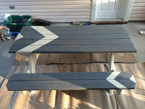 Stain/Painted picnic table Picnic Table Makeover Paint, Picnic Bench Painted, Picnic Table Paint, Picnic Table Painting Ideas, Painted Picnic Table, Painted Picnic Tables, Picnic Table Makeover, Diy Picnic Table, Picnic Table Plans