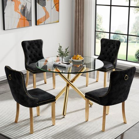 PRICES MAY VARY. ★【Modern 5-Piece Glass Dining Table Set for 4】 This 5pcs round dining room table set includes 1 Glass kitchen table and 4 upholstered velvet dinner chairs. With a minimalist look and luxury modern design, this beautiful circle Glass dinner table set will fit perfectly with a wide array of home decor. ★【35.43" Glass Top Kitchen Table with Shiny 3 Cross Metal Legs】The base of this large dining table is made of quality metal and polished shiny finish. Which makes this table unique Small Glass Kitchen Table, Black And Gold Dining Room, Rectangle Glass Dining Table, Glass Dinning Table, Glass Dining Room Sets, Long Dining Room Tables, Dinner Chairs, Round Glass Dining Table, Glass Kitchen Tables