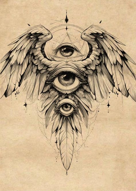 777 Tattoo Design, Ojo Tattoo, Owl Eye Tattoo, Tato Mandala, Alas Tattoo, End Of Month, Archangel Tattoo, Egyptian Tattoo Sleeve, Wing Tattoo Designs