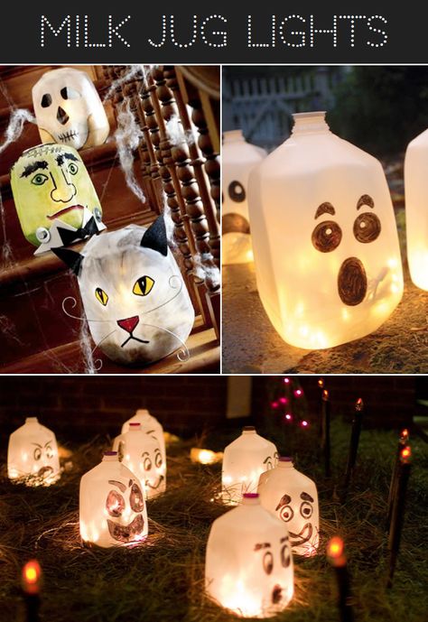 Milk Jug Halloween Luminary Ideas from Kids Kubby. Let the kids create the faces and add string lights from http://www.partylights.com/Mini-Lights Halloween Milk Jugs, Diy Halloween Luminaries, Halloween Luminaries, Diy String Lights, Image Halloween, Halloween Lights, Unique Halloween, Halloween Deco, Outdoor Halloween