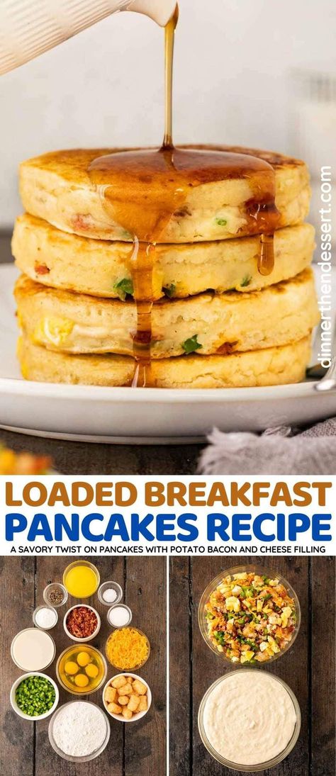 Loaded Breakfast Pancakes are all your favorite breakfast foods in one! Classic pancake batter loaded with eggs, potatoes, bacon, and cheese. Stuffed Pancakes Bacon And Eggs, Loaded Pancakes, Breakfast Entrees, Breaky Ideas, Breakfast Pancakes Recipe, Breakfast Lasagna, Easy Pancakes, Eggs Potatoes, Best Pancake Recipe