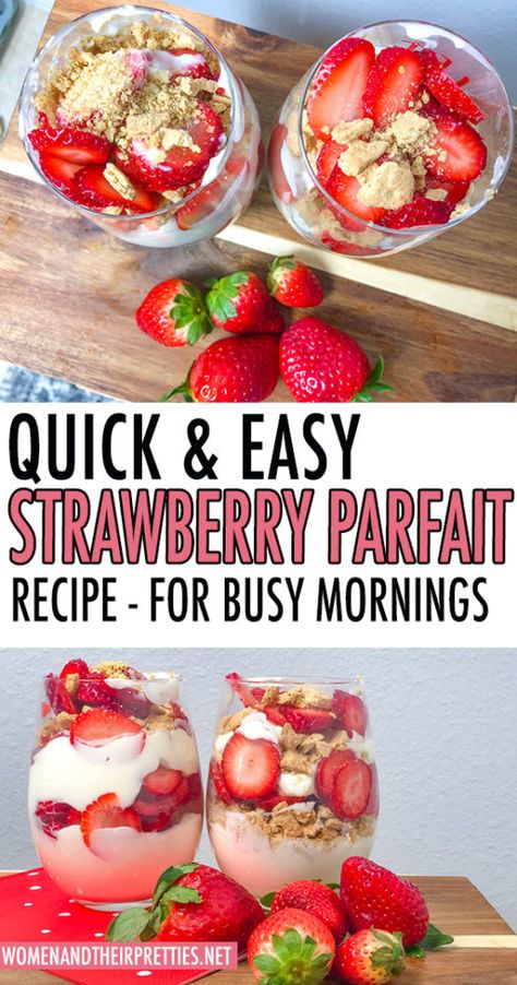 Quick & Easy Strawberry Parfait Recipe – for busy mornings! Strawberry Banana Parfait, Easy Fruit Parfait Recipes, Homemade Parfait Recipes, Strawberry Parfait Cups, How To Make A Parfait, Strawberry Parfait Desserts, Parfait Desserts Easy, How To Make Parfait, Easy Parfait Recipes