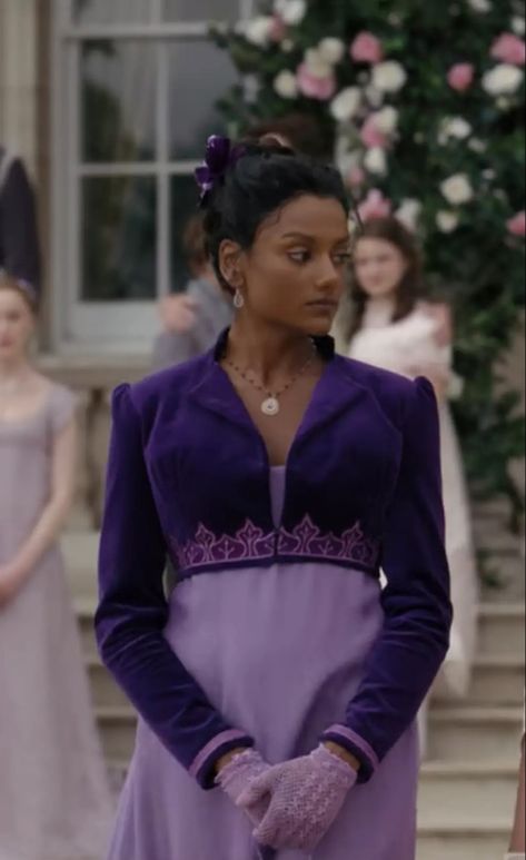 Kate Sharma Purple Dress, Bridgerton Fashion, Classic Costumes, Bridgerton Season 2, Bridgerton Vibes, Regency Dresses, Kate Sharma, Period Films, Simone Ashley