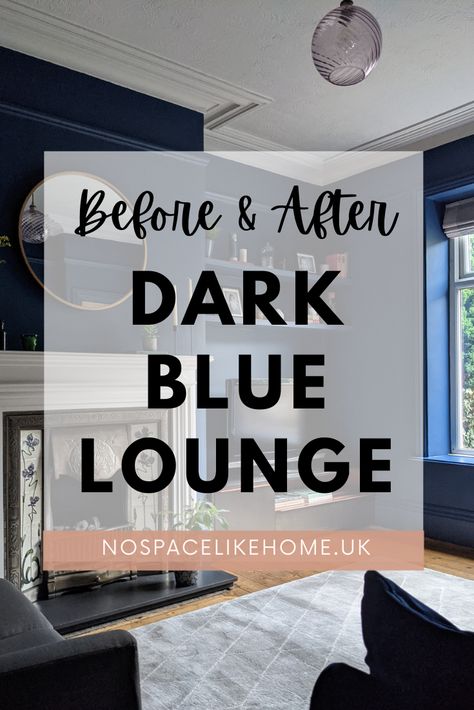 Dark blue lounge with fireplace and grey rug Dark Blue Reading Room, Small Living Room Blue Walls, Dark Blue Sunroom, All Navy Living Room, Blue Sitting Room Decor, Blue Sitting Room Walls, Navy Blue Walls And Ceiling, Navy Blue Lounge Decor, Navy Lounge Decor Room Ideas