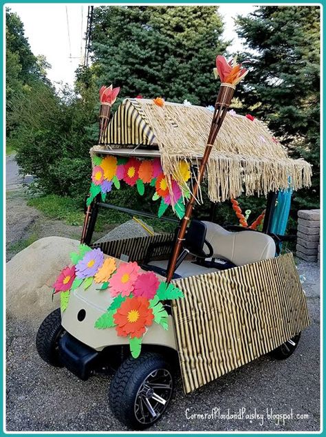 Corner of Plaid and Paisley: Luau Fun! Golf Cart Decorations, Parade Ideas, Colorful Centerpieces, Custom Golf Carts, Cart Ideas, 4th Of July Parade, Golf Outing, Golf Theme, Budget Decorating