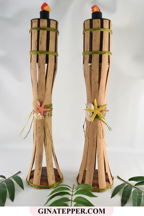 Learn how to repurpose wrapping paper rolls and cans into flameless bamboo tiki torches that look like the real thing! #SummerCookouts #tikitorches #cutesummerideas #DIYtikitorches #flameless Crafts With Wrapping Paper, Tiki Torches Diy, Torches Diy, Orange Tissue Paper, Bamboo Diy, 8 Birthday, Diy Table Top, Diy Summer Crafts, Wrapping Paper Rolls