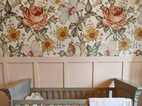 Girl Neutral Nursery Ideas, Wainscoting Nursery Girl, Baby Girl Nursery Accent Wall, Wallpaper With Wainscoting, Nursery Mural Ideas, Baby Nursery Murals, Rocky Mountain Decals, Vintage Floral Nursery