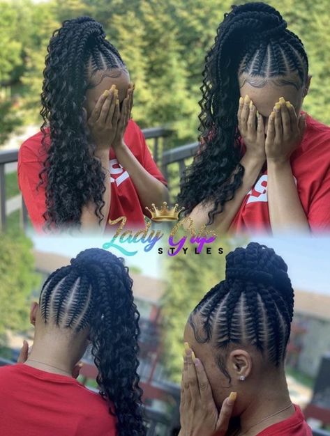 Braided Ponytail With Wavy Hair, Updo Braided Ponytail Black Hair, Braided Ponytail With Curly Hair, Bohemian Braided Ponytail, Cornrow Ponytail With Curls, Braids Into Ponytail Hairstyles, Lemon Braids, Beautiful Cornrows, Braided Ponytail Black Hair