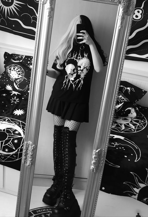 Demonia Thigh High Boots Outfit, Demonia Outfit Ideas, Goth Boots Aesthetic, Demonia Shoes Outfit, Demonia Boots Outfit, Demonia Outfit, Boots And Dress Outfit, Egirl Aesthetic Outfits, Boots And Dress