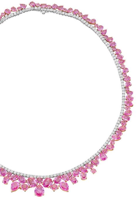 Pink Sapphire and Diamond Necklace, en suite with Bracelet, Earrings and Ring: Variously cut pink sapphires, brilliant-cut diamonds, 18K pink and white gold, longest length approximately 46.0 cm, can be shortened with a detachable link, by William & Son Pink Sapphire Necklace, Bridal Diamond Necklace, Purple Sapphire, Neck Chain, Sapphire Necklace, All That Glitters, High Jewelry, Eye Color, Brilliant Cut Diamond