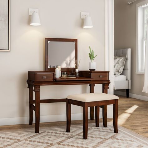 Alcott Hill® Luanna Vanity Set with Stool and Mirror & Reviews | Wayfair Bedroom Vanity Set, Vanity Bedroom, Padded Stool, Mirror Stool, Backless Stools, Vanity Set With Mirror, Upholstered Stool, Brown Bedroom, Comfortable Place