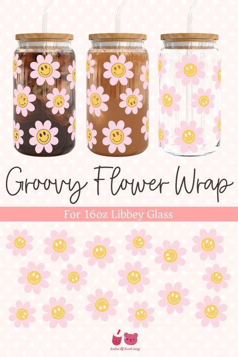 Flower Smiley Libbey Glass Can Svg, Glass Can Wrap Svg, Groovy Svg, 16oz Wrap Template, Re #svg #svgquotes #svgideas #svgfiles #freesvg #svgdesigns Glass Cup Wrap Svg, Libby Cup Designs, Flower Smiley, Cup Wrap Svg, Can Wrap Svg, Glass Tumbler Design, Glass Can Svg, Cricut Projects Easy, Groovy Svg