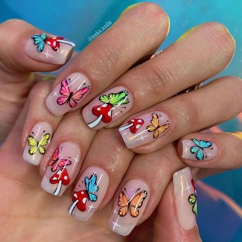 Square Nails Butterfly, Painted Nails Short, Anastasia Nails, Mushrooms Nails, Short Nails Square, Trippy Nails, Glittery Nail, Classy Almond Nails, Mandala Nails