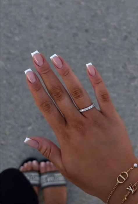 Unique White French Tip Nails with Dual-Tone and Color-Blocked Designs French Nails Inspo Short, Summer White French Tip Nails, Nails Ideas White French, White Short French Tips, Summer Nail French Tips, French Tip Pattern Nails, Unique White French Tip Nails, Nail Inspo Short French, White French With Design