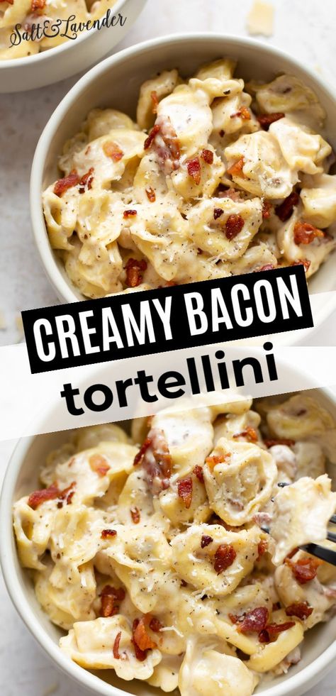 Bacon Tortellini Alfredo, Cream Cheese Tortellini, Bacon Tortellini, Cheesy Tortellini, Tortellini Alfredo, Tortellini Recipe, Resep Pasta, Tortellini Recipes, Chicken Crockpot