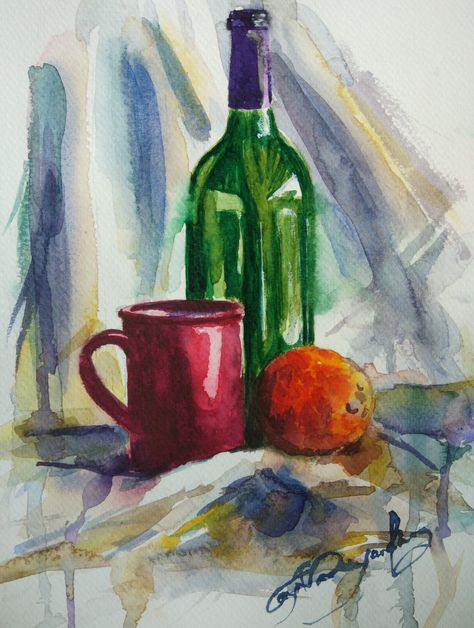 Water Colours Painting Landscape, Still Life Drawing Colour, Still Life Watercolor Paintings, Still Life Painting Watercolor, Watercolour Still Life, Watercolor Painting Easy, Art Painting Tools, Graphic Art Prints, Small Canvas Paintings