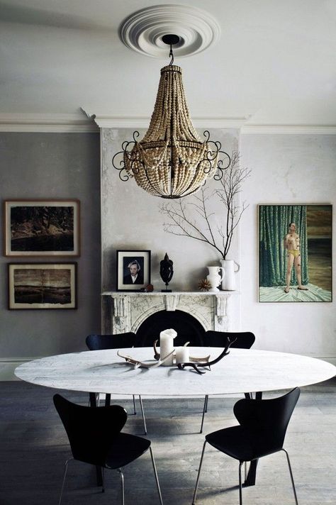 Moody palette walls with a glamorous chandelier and a few modern furnishings Dining Room Table Marble, Chic Dining Room, Latest Interior Design Trends, Abigail Ahern, King Richard, Gallery Walls, Cowhide Rug, Dining Room Inspiration, Australian Homes