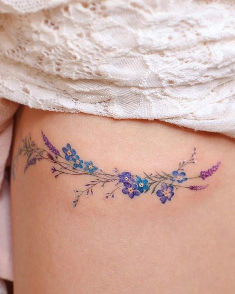 Forget Me Not Flower Tattoo, Flower Tattoo Meaning, Purple Flower Tattoos, Botanisches Tattoo, Forget Me Not Tattoo, Delicate Flower Tattoo, Purple Tattoos, Mastectomy Tattoo, Tattoos To Cover Scars