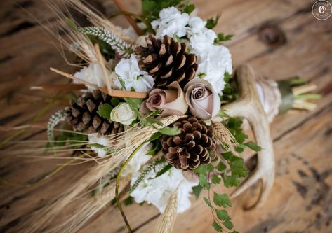 Bridal bouquet for a rustic fall wedding, made with flowers, cattails, wheat, pine cones and a deer antler. Flowers by Viviano Flower Shop, photo by The People Picture Company. Hunting Wedding, Deer Wedding, Antler Wedding, Camo Wedding, Rustic Wedding Bouquet, Rustic Fall Wedding, Bouquet Bridal, Fall Wedding Bouquets, Fall Wedding Flowers