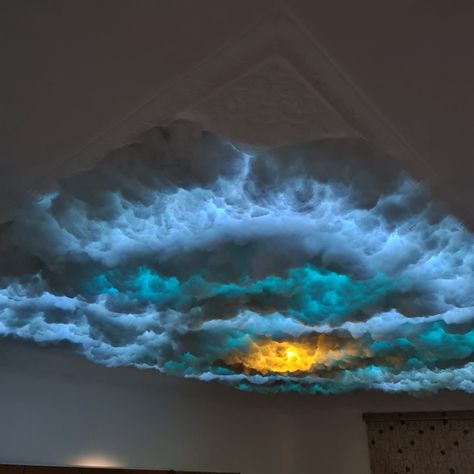 Cotton Decorations Ideas For Ganpati, Cotton Cloud Ceiling, Cloud Decoration For Ganpati, Home Set Up Ideas, Cloud Roof Ceilings, Light Up Clouds, Cloudy Ceiling, Storm Ceiling, Galaxy Ceiling