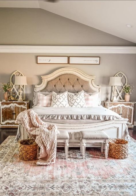 Farmhouse French Country Bedroom, French Country Boho Bedroom, Shabby Chic Master Bedrooms Decorating Ideas, Country Romance Bedroom, French Country Decorating Ideas Farmhouse Style Master Bedrooms, Blush Farmhouse Bedroom, Raelyn Bedroom Set Decor Ideas, Antique White Bedroom Ideas, French Country Chic Bedroom