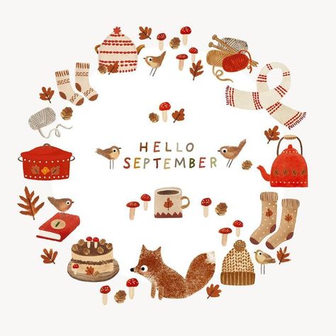 September Vintage Illustrations, Hello September Illustration, Nettle And Twig, Hello Autumn Illustration, September Drawings, September Doodles, Cosy Illustration, September Illustration, Baking Apple Pie