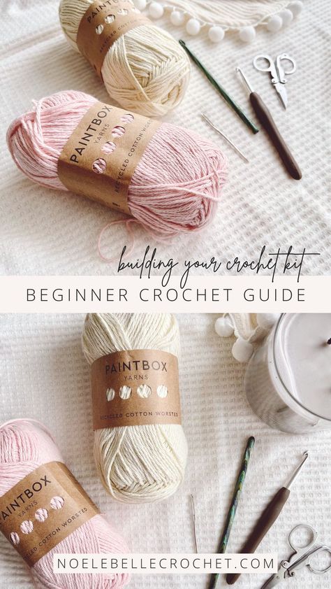 Building your crochet kit, Beginner crochet guide. Photos show recycled cotton yarn, crochet hooks, scissors and and candle laid on a white blanket Diy Crochet Kit, Crochet Kits For Beginners, Crochet Starter Kit, Woobles Crochet Kit, Starter Crochet Projects, How To Start Crocheting, First Crochet Project, Crochet Guide, Jumbo Yarn