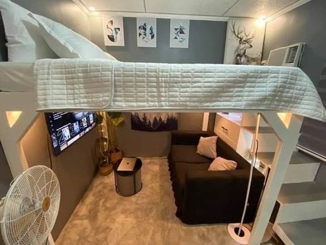 Dream Room Inspiration For Small Room, Loft Bed With Hangout Area, Room Inspiration Bedroom Loft Bed, Full Loft Bed Ideas, Bunk Bed With Couch Underneath, Loft Bed Setup, Loft Bed Bedroom Ideas Aesthetic, Small Gaming Room Setup, Loft Bed Ideas Aesthetic