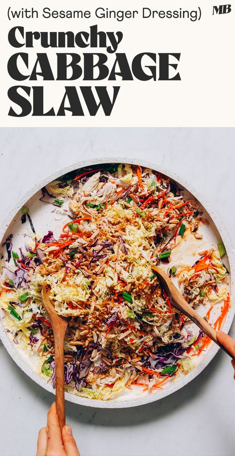 A 30-minute cabbage slaw inspired by Chinese Chicken Salad! Fresh, crunchy, and gluten-free + soy-free. Chinese Chicken Salad Dressing, Chicken Salad Dressing, Vegan Fried Rice, Chicken Carrots, Sesame Ginger Dressing, Grilled Corn Salad, Chinese Chicken Salad, Sesame Ginger, Minimalist Baker