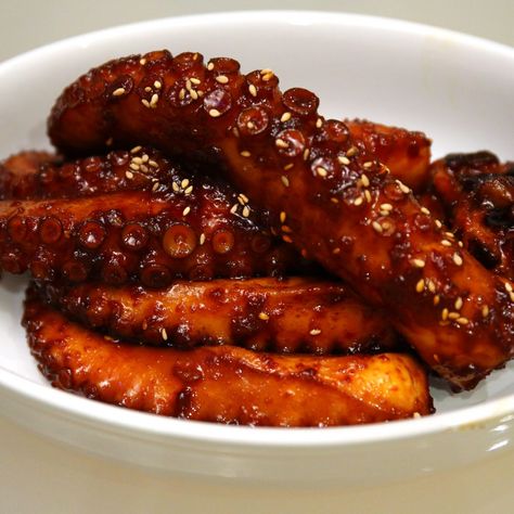 Korean side dish recipes by Maangchi Spicy Octopus Korean, Japanese Octopus Recipes, Asian Octopus Recipes, Korean Octopus Recipes, Korean Octopus, Grilled Fish Recipes Tilapia, Fish Recipes Tilapia, Fish Recipes Grilled, Braised Octopus