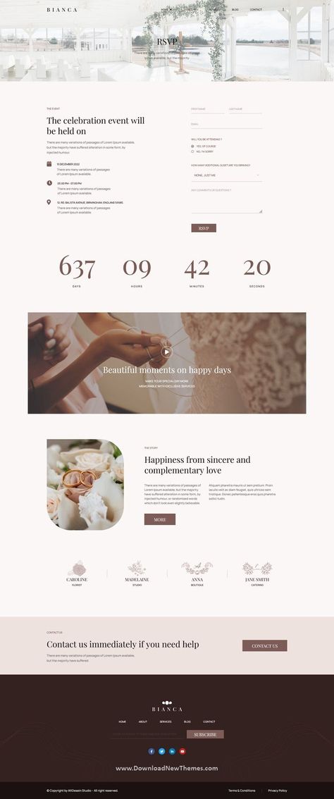 Bianca - Wedding Elementor Template Kit is a clean, elegant and modern design responsive premium elementor template kit for wedding, wedding invitation, wedding planner, wedding RSVP and wedding events professional websites. It has beautiful 2 different homepage layouts, 7+ pre-designed pages and sections can be imported into your website on WordPress in just a few clicks using the free page builder Elementor to download now & live preview click on image 👆 Wedding Rsvp Website Design, Web Wedding Invitation Website Designs, Invitation Website Design, Wedding Web Design Inspiration, Wedding Planning Website Design, Wedding Website Url Ideas, Wedding Invitation Website Ideas, Rsvp Website Design, Wedding Modern Invitation