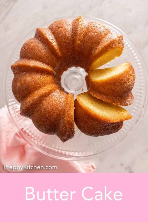 One bite of this rich, soft, and fluffy Butter Cake, and your mouth will start watering. It’s delightfully sweet and will melt in your mouth as you soak the cake with a tasty buttery glaze. With a beautiful golden crust, this cake is impressive on its own and only requires a few simple ingredients to make. Moist Butter Cake Recipe, Preppy Kitchen Recipes, Lemon Cake Mix Recipe, Banana Coffee Cakes, Almond Pound Cakes, Lemon Pound Cake Recipe, Sour Cream Pound Cake, Preppy Kitchen, Ganache Recipe