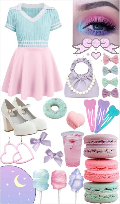 pastel sweets Outfit | ShopLook Candy Land Theme Outfits College, Candyland Outfit Ideas, Dessert Inspired Outfit, Pastel Christmas Outfit, Candyland Outfit Women, Cute Outfit Boards, Candy Aesthetic Outfit, Sweets Outfit, Pastel Witch Outfit