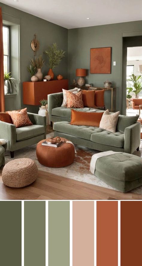 Dark Green Living Room, Green Living Room Decor, Living Room Orange, Living Room Color Schemes, Room Curtains, Room Color Schemes, Living Room Green, Leather Couch, Decor Home Living Room