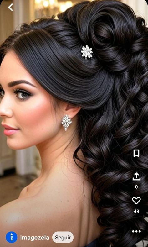 Updos For Long Black Hair, Cute Hairstyles For Long Hair For A Wedding, Quince Long Hairstyles, Bridal Hair For Bride, Dramatic Wedding Hair, Quinseñeras Hair Styles, Bridal Hair Dark Hair, Curly Hairstyles For Bride, Hair Do For Wedding